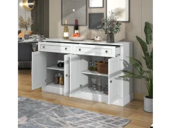 Aparador blanco moderno con 4 puertas y 2 cajones, estantes regulables, 150 x 40 x 86 cm - para salón o cocina