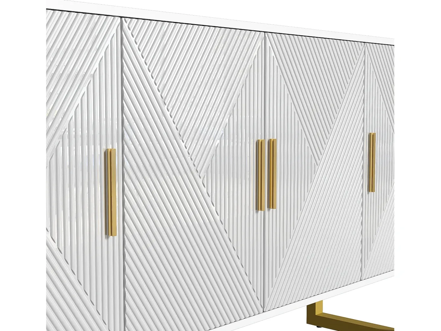 Aparador blanco moderno con 4 puertas texturizadas, frente brillante y tiradores dorados.