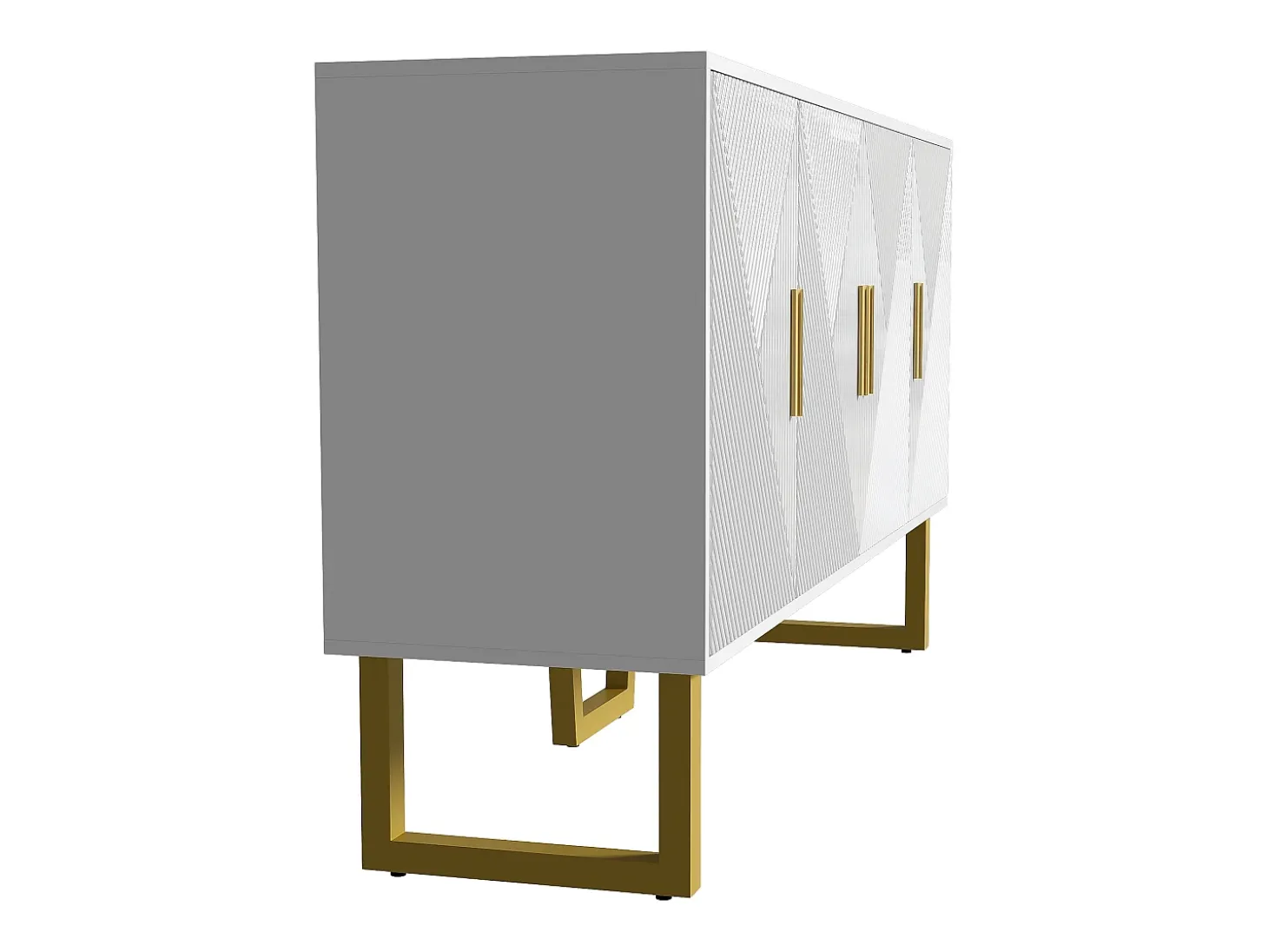 Aparador blanco moderno con 4 puertas texturizadas, frente brillante y tiradores dorados.