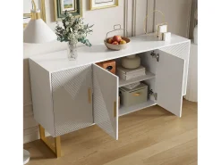 Aparador blanco moderno con 4 puertas texturizadas, frente brillante y tiradores dorados.