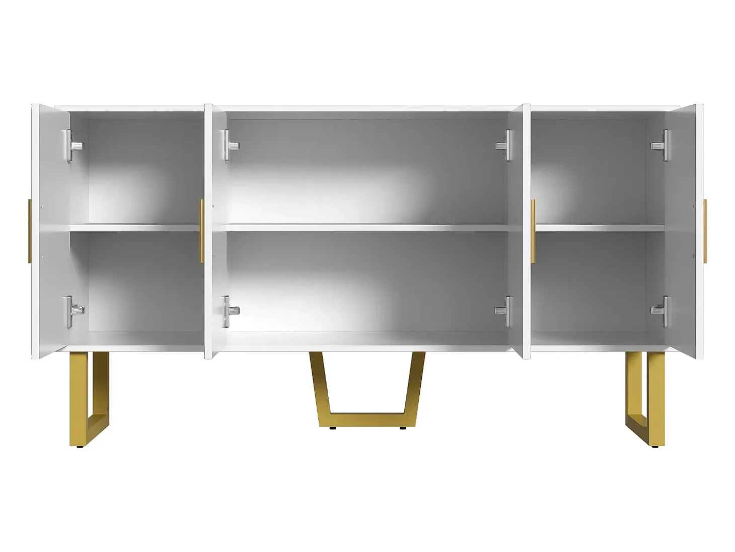 Aparador blanco moderno con 4 puertas texturizadas, frente brillante y tiradores dorados.
