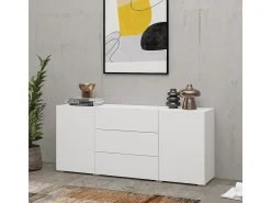 Aparador blanco moderno para el salón con 3 cajones y 2 puertas 140x35x63 cm Mehdi