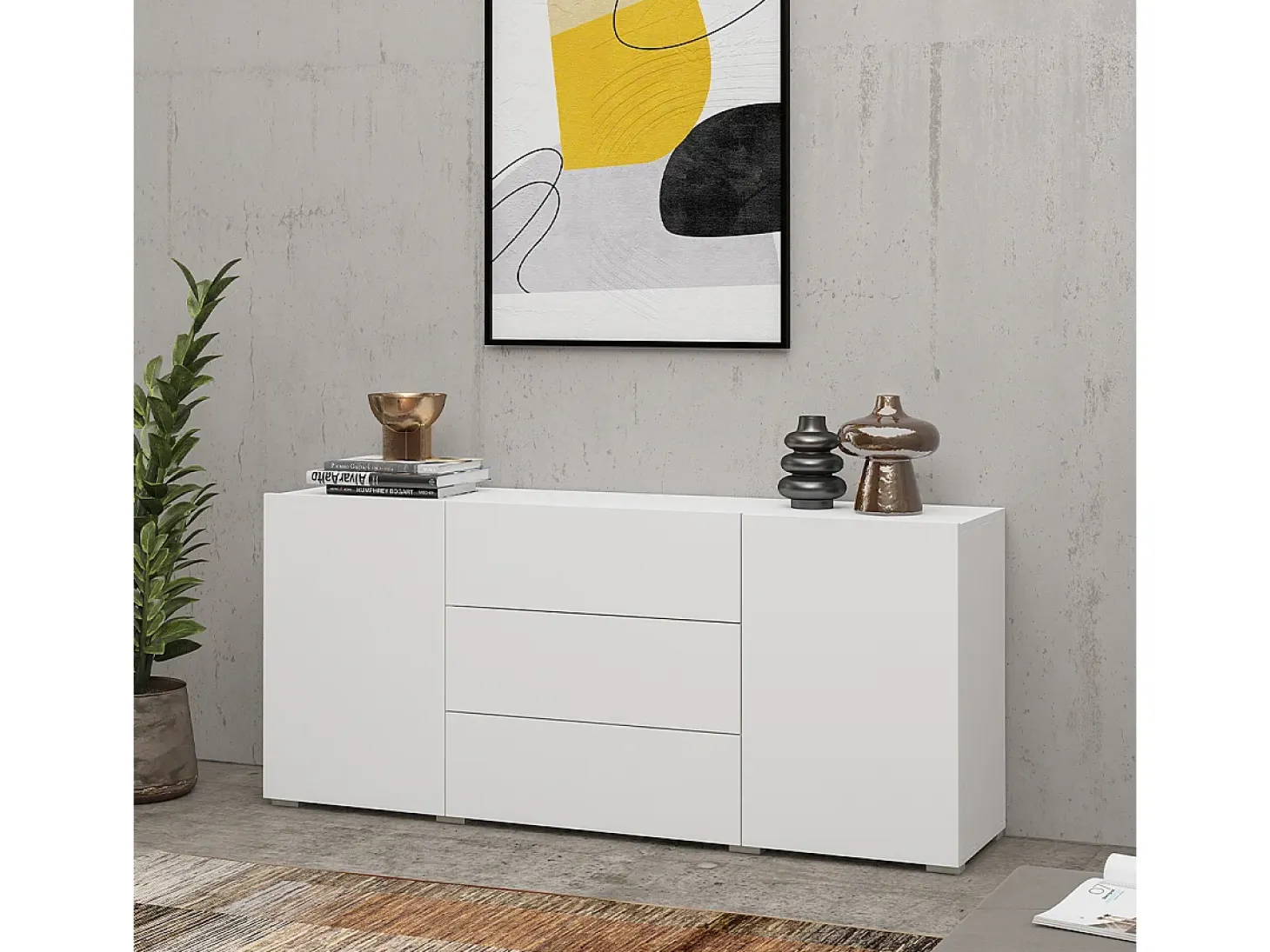 Aparador blanco moderno para el salón con 3 cajones y 2 puertas 140x35x63 cm Mehdi