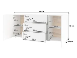 Aparador blanco moderno para el salón con 3 cajones y 2 puertas 140x35x63 cm Mehdi
