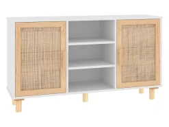 Aparador Blanco 105x30x60 cm Madera maciza de pino y ratán natural