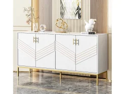 Aparador blanco y dorado de 4 puertas, diseño moderno con amplio espacio de almacenamiento, patas de metal y estantes ajustables