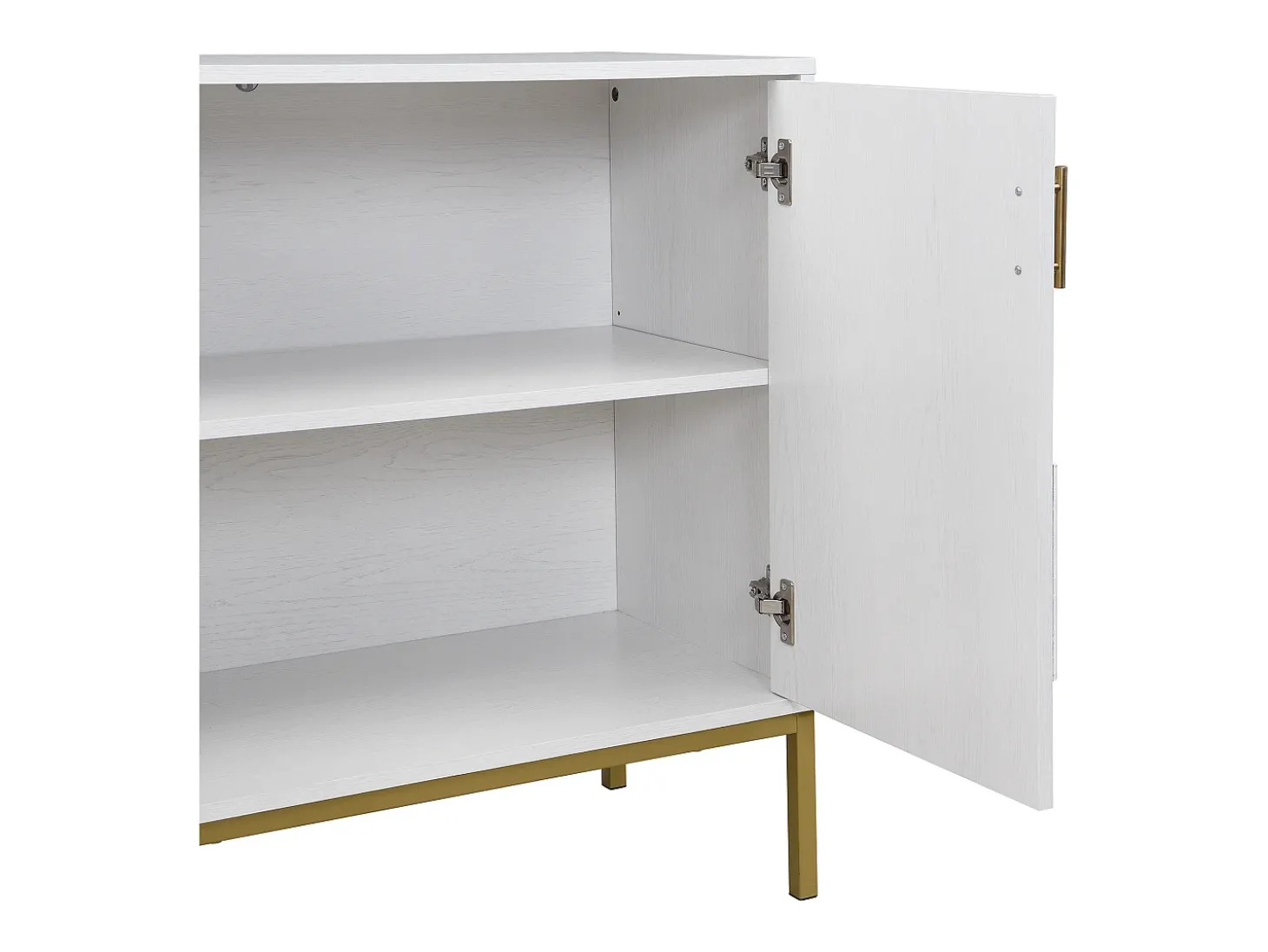 Aparador blanco y dorado de 4 puertas, diseño moderno con amplio espacio de almacenamiento, patas de metal y estantes ajustables