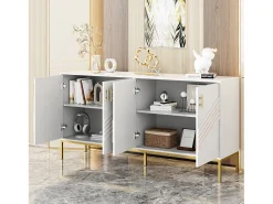Aparador blanco y dorado de 4 puertas, diseño moderno con amplio espacio de almacenamiento, patas de metal y estantes ajustables