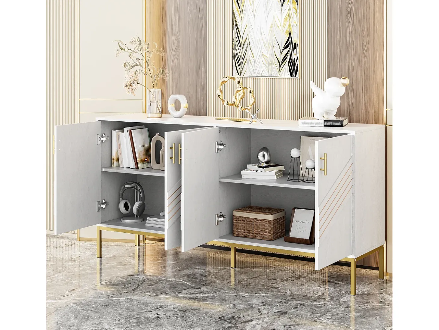 Aparador blanco y dorado de 4 puertas, diseño moderno con amplio espacio de almacenamiento, patas de metal y estantes ajustables
