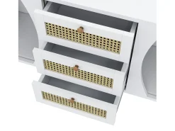 Aparador blanco y natural con 2 puertas, 3 cajones de ratán y estantes regulables - para salón y comedor