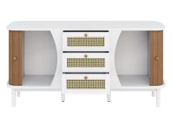 Aparador blanco y natural con 2 puertas, 3 cajones de ratán y estantes regulables - para salón y comedor