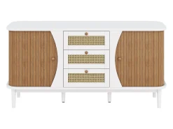 Aparador blanco y natural con 2 puertas, 3 cajones de ratán y estantes regulables - para salón y comedor