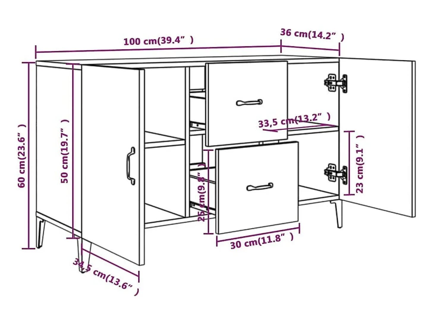Aparador buffet cómoda armario unidad de almacenamiento organizador cocina salón salón 100 x 36 x 60 cm madera contrachapada gris 02_0031826