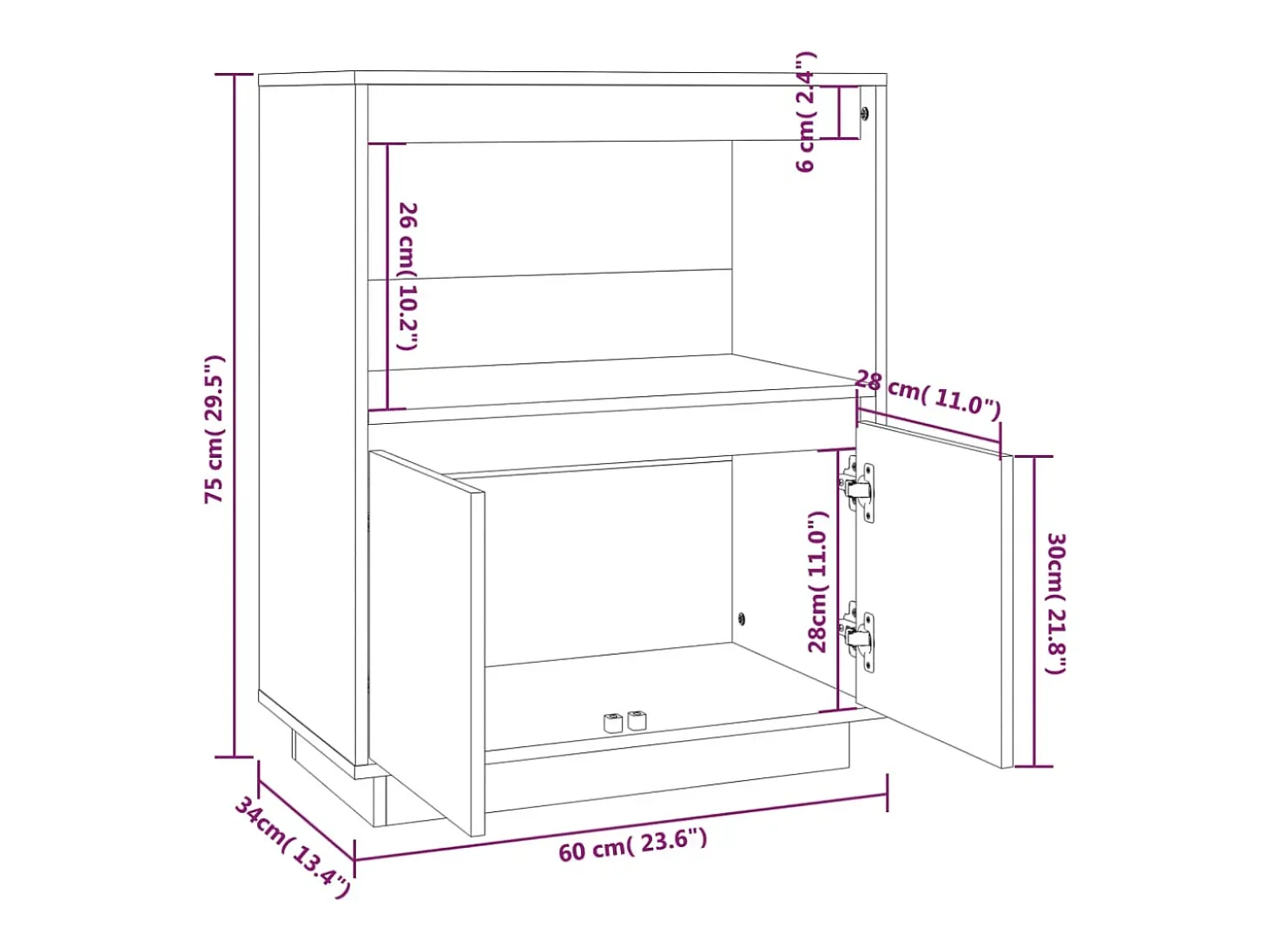 Aparador buffet cómoda mueble mueble de almacenaje organizador cocina salón salón 60 x 34 x 75 cm madera maciza de pino marrón 02_0029618