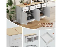 Aparador Buffet, con 4 cajones y 4 puertas, almacenaje, diseño moderno, madera MDF, blanco y roble (140x40x75 cm)