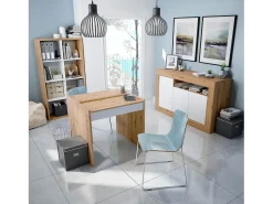 Aparador Buffet Mueble de Almacenamiento en aglomerado de melamina Color Blanco Mate y Roble - Altura 87 x Longitud 144 cm x Profundidad 42 cm