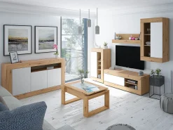 Aparador Buffet Mueble de Almacenamiento en aglomerado de melamina Color Blanco Mate y Roble - Altura 87 x Longitud 144 cm x Profundidad 42 cm