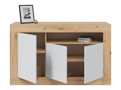 Aparador Buffet Mueble de Almacenamiento en aglomerado de melamina Color Blanco Mate y Roble - Altura 87 x Longitud 144 cm x Profundidad 42 cm