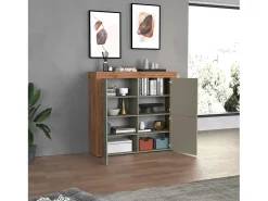 Aparador Chronos con 4 puertas en color topo mate y roble 140x40x130 cm