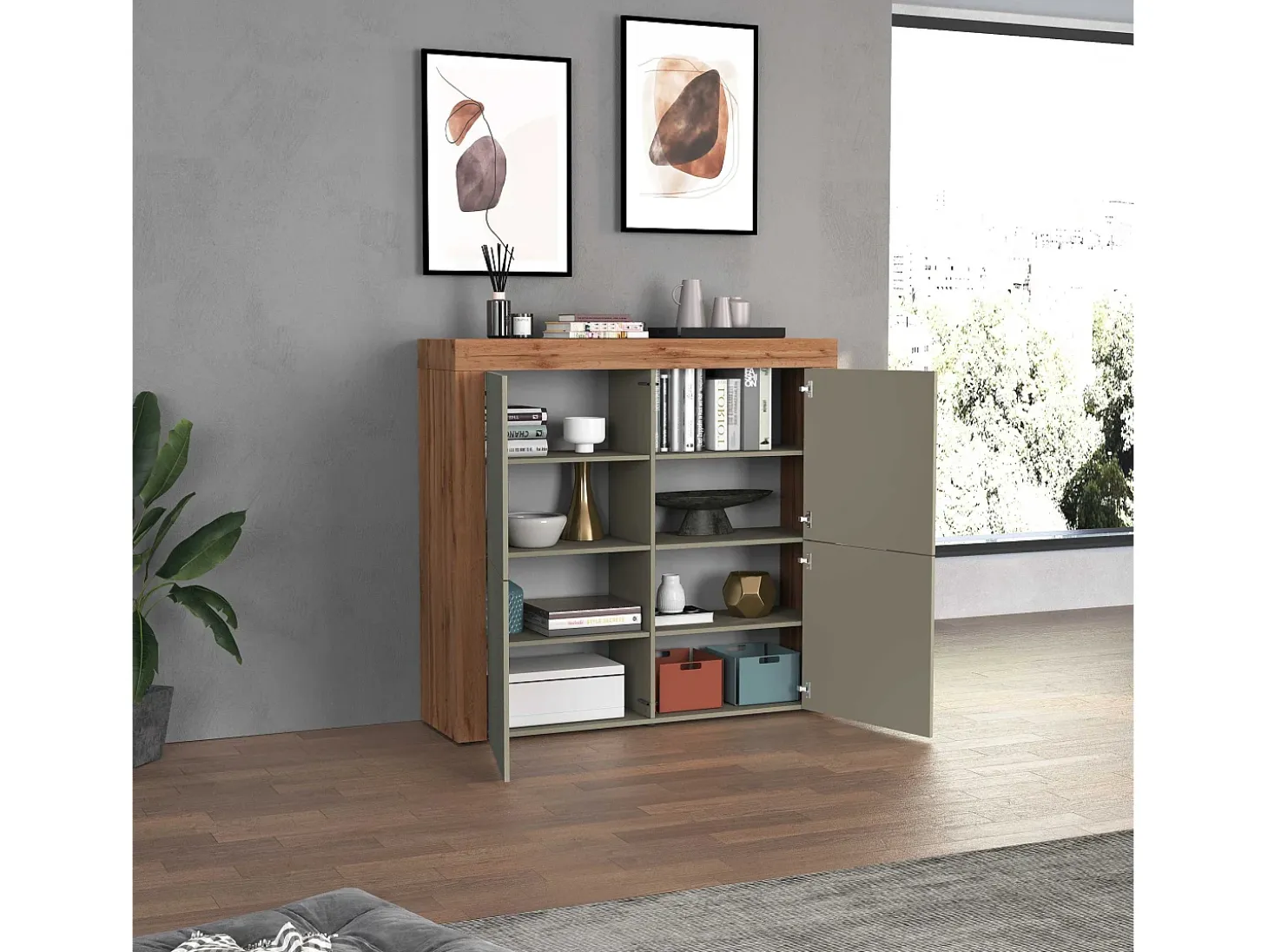 Aparador Chronos con 4 puertas en color topo mate y roble 140x40x130 cm