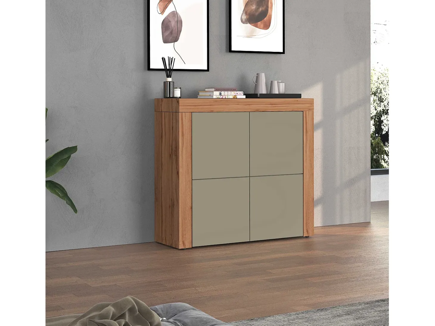Aparador Chronos con 4 puertas en color topo mate y roble 140x40x130 cm