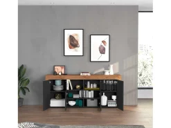 Aparador Chronos con 4 puertas y 2 compartimentos, color antracita mate y roble, 200 x 40 x 85 cm