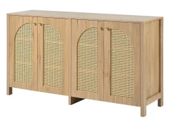 Aparador clásico natural de 4 puertas, diseño de puerta curva de ratán, 145x80x40cm