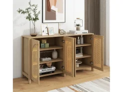Aparador clásico natural de 4 puertas, diseño de puerta curva de ratán, 145x80x40cm