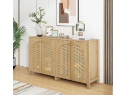 Aparador clásico natural de 4 puertas, diseño de puerta curva de ratán, 145x80x40cm