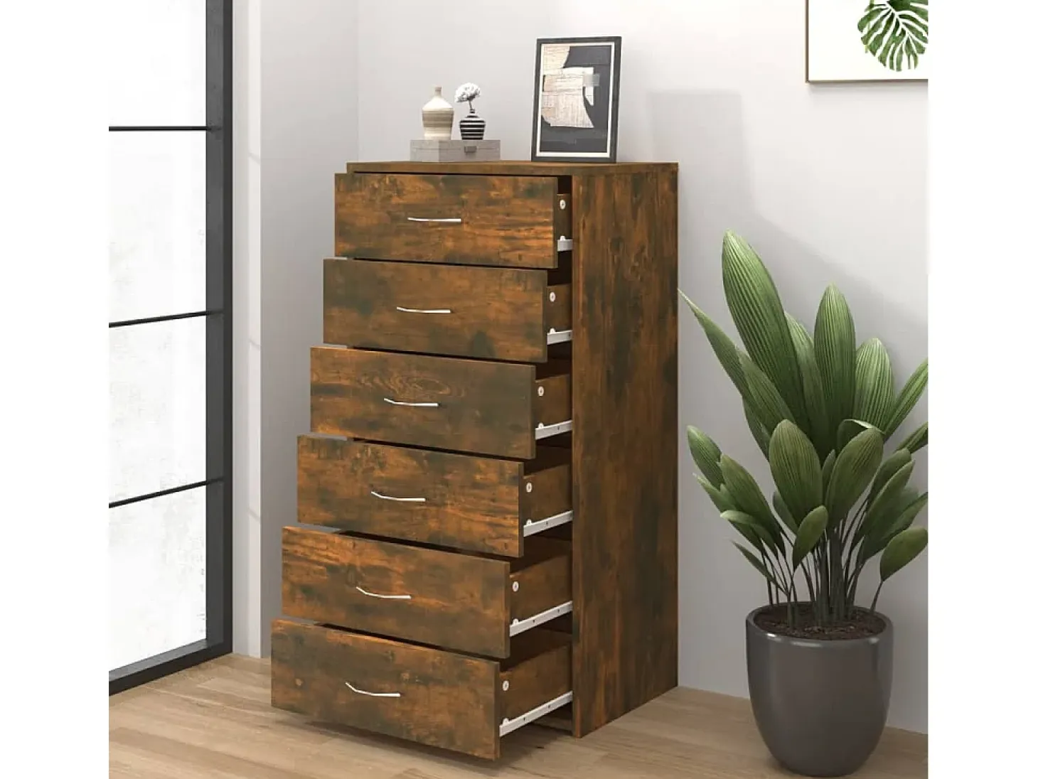 Aparador Cómoda Armario Unidad de Almacenamiento Organizador Cocina Salón Salón con 6 Cajones 50 x 34 x 96 cm Madera Contrachapada Marrón 02_0029759