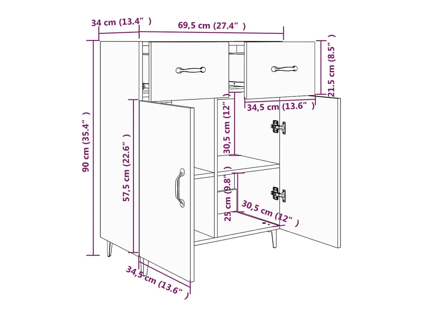 Aparador cómoda cómoda armario mueble organizador cocina salón salón 69,5 x 34 x 90 cm madera contrachapada gris 02_0032078