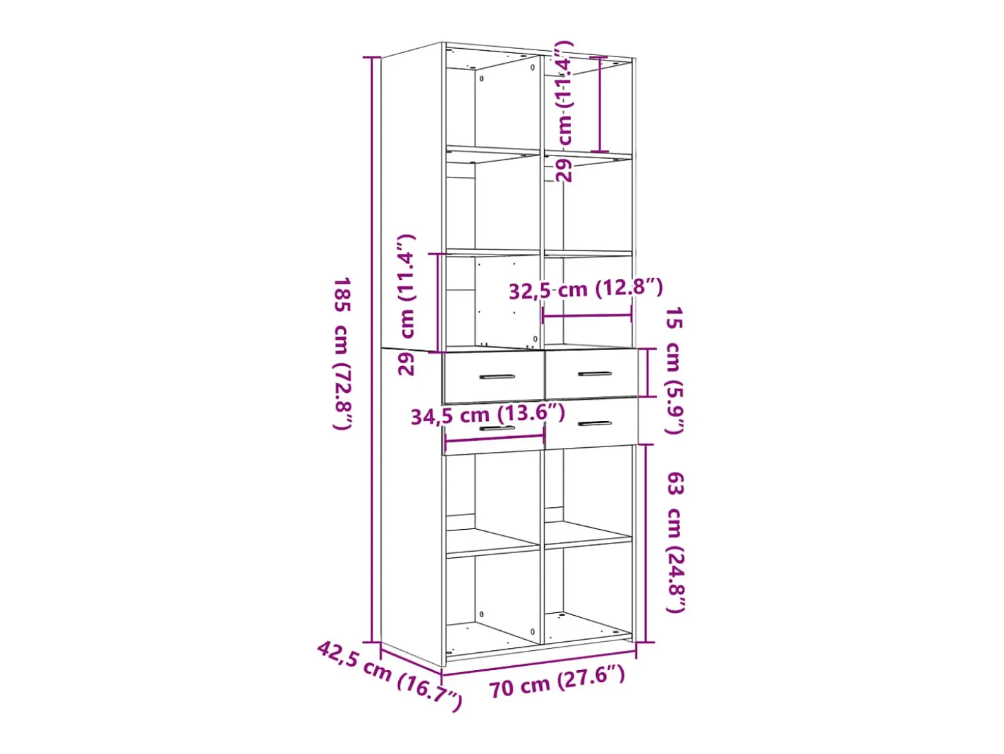Aparador cómoda cómoda armario mueble organizador cocina salón salón alto Sonoma 70 x 42,5 x 185 cm madera contrachapada gris 02_0035631