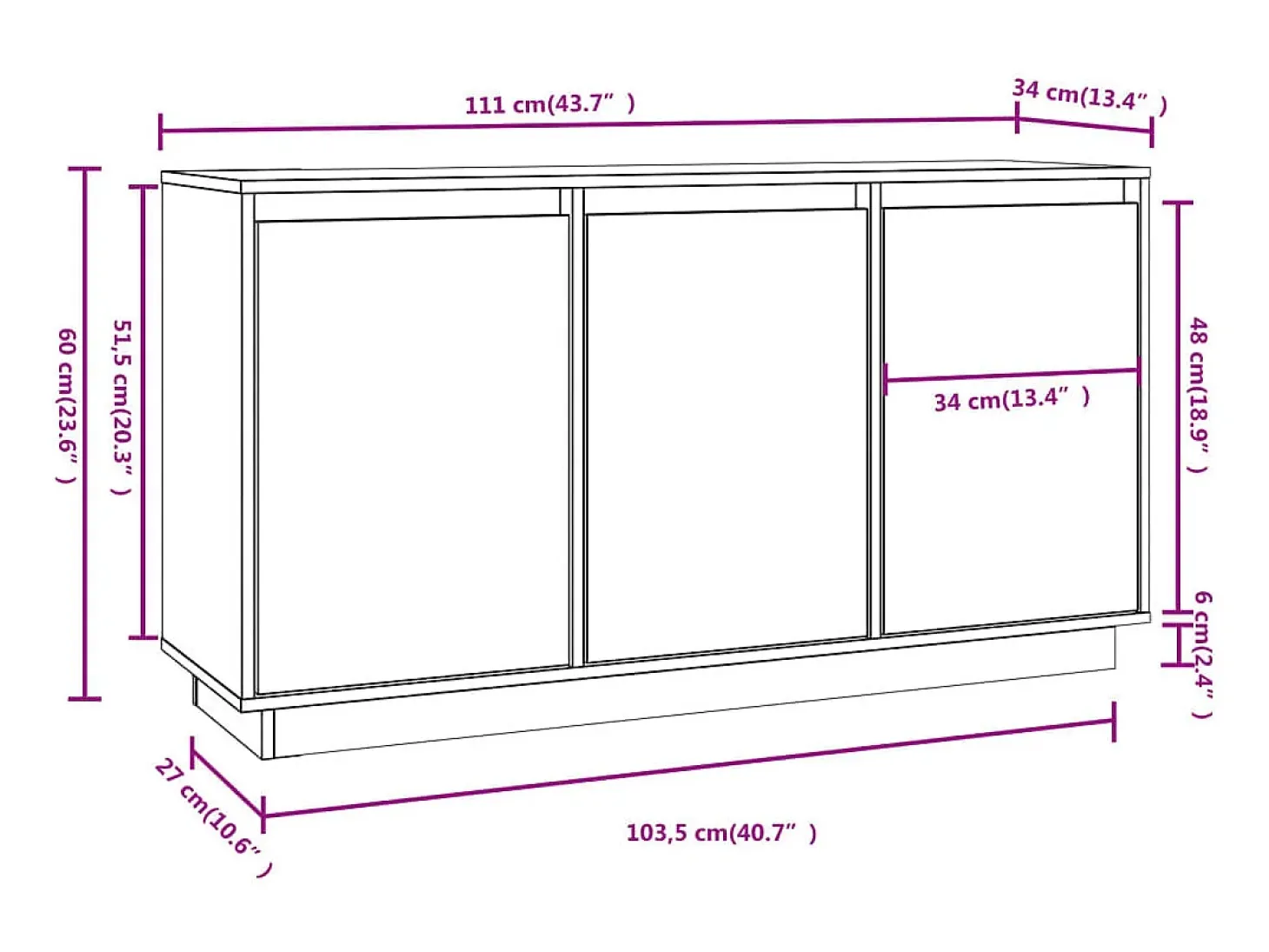 Aparador cómoda cómoda armario mueble organizador cocina salón salón 111 x 34 x 60 cm madera maciza de pino marrón 02_0029522