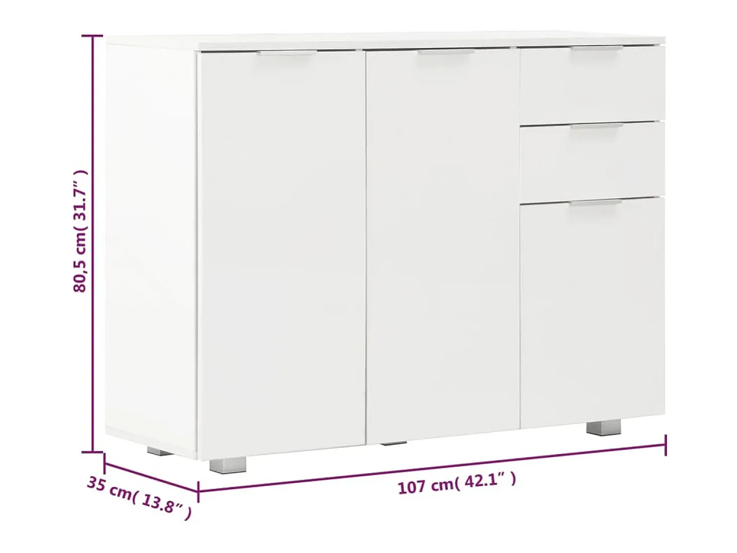 Aparador cómoda cómoda armario mueble organizador cocina salón salón brillante 107 x 35 x 80,5 cm blanco 02_0030571