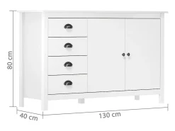 Aparador Cómoda Cómoda Mueble Almacenamiento Organizador Cocina Salón Salón Hill 130 x 40 x 80 cm Madera Maciza de Pino Blanco 02_0035666