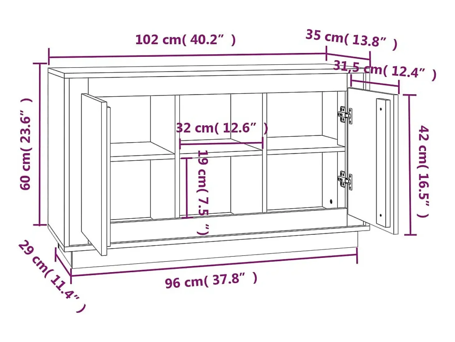 Aparador cómoda cómoda mueble mueble de almacenaje organizador cocina salón salón 102 x 35 x 60 cm madera contrachapada blanco 02_0030175