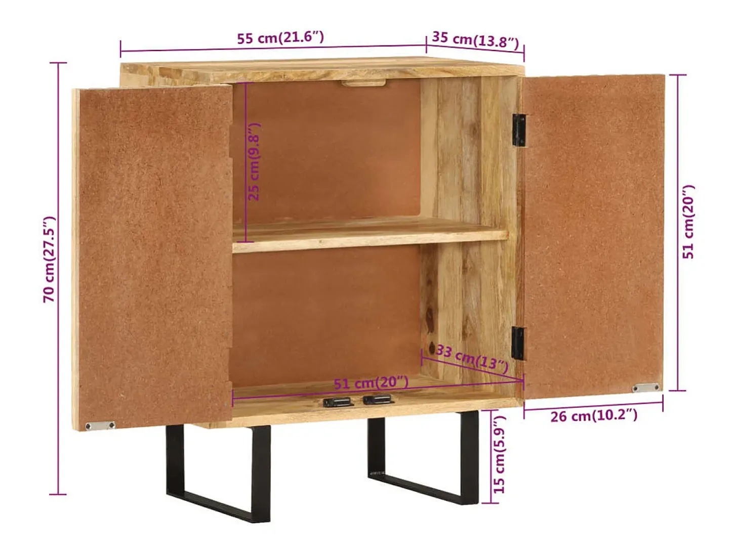 Aparador cómoda mueble almacenaje organizador cocina salón salón con 2 puertas 55 x 35 x 70 cm madera maciza de mango marrón 02_0029726