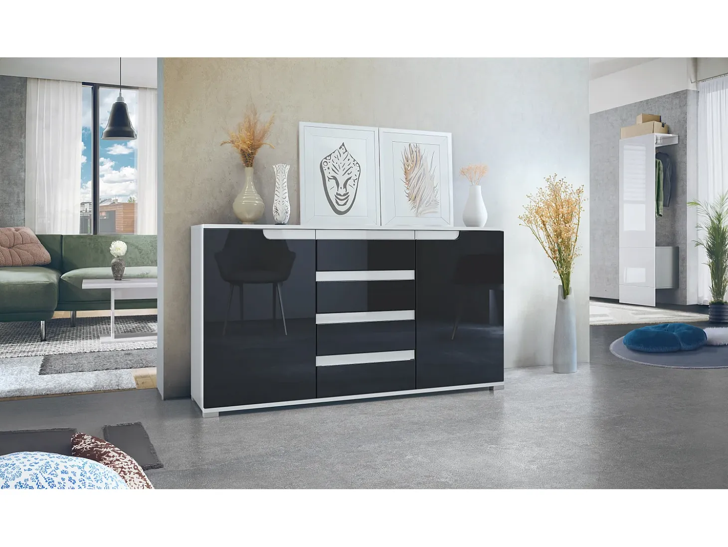 Aparador Cómoda Sylt , cuerpo en negro mate / Frente en negro de alto brillo con molduras en blanco de alto brillo (139 x 72 x 35)