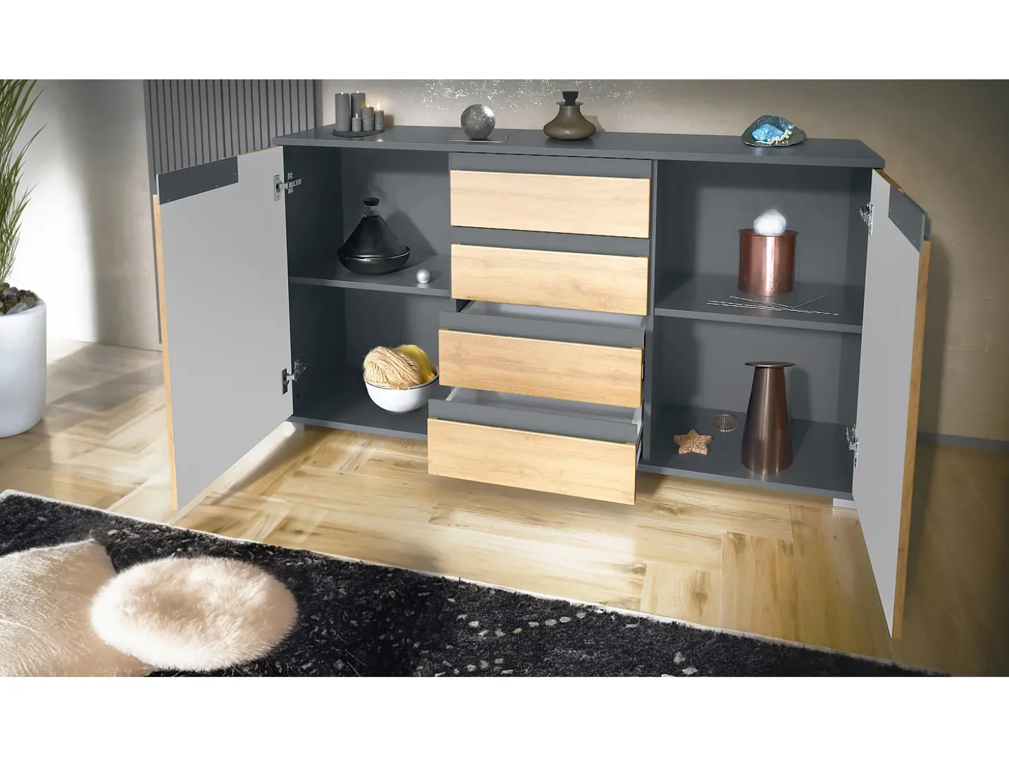 Aparador Cómoda Sylt , cuerpo en negro mate / Frente en gris de alto brillo con molduras en negro de alto brillo (139 x 72 x 35)