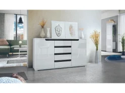 Aparador Cómoda Sylt , cuerpo en negro mate / Frente en blanco de alto brillo con molduras en negro de alto brillo (139 x 72 x 35)