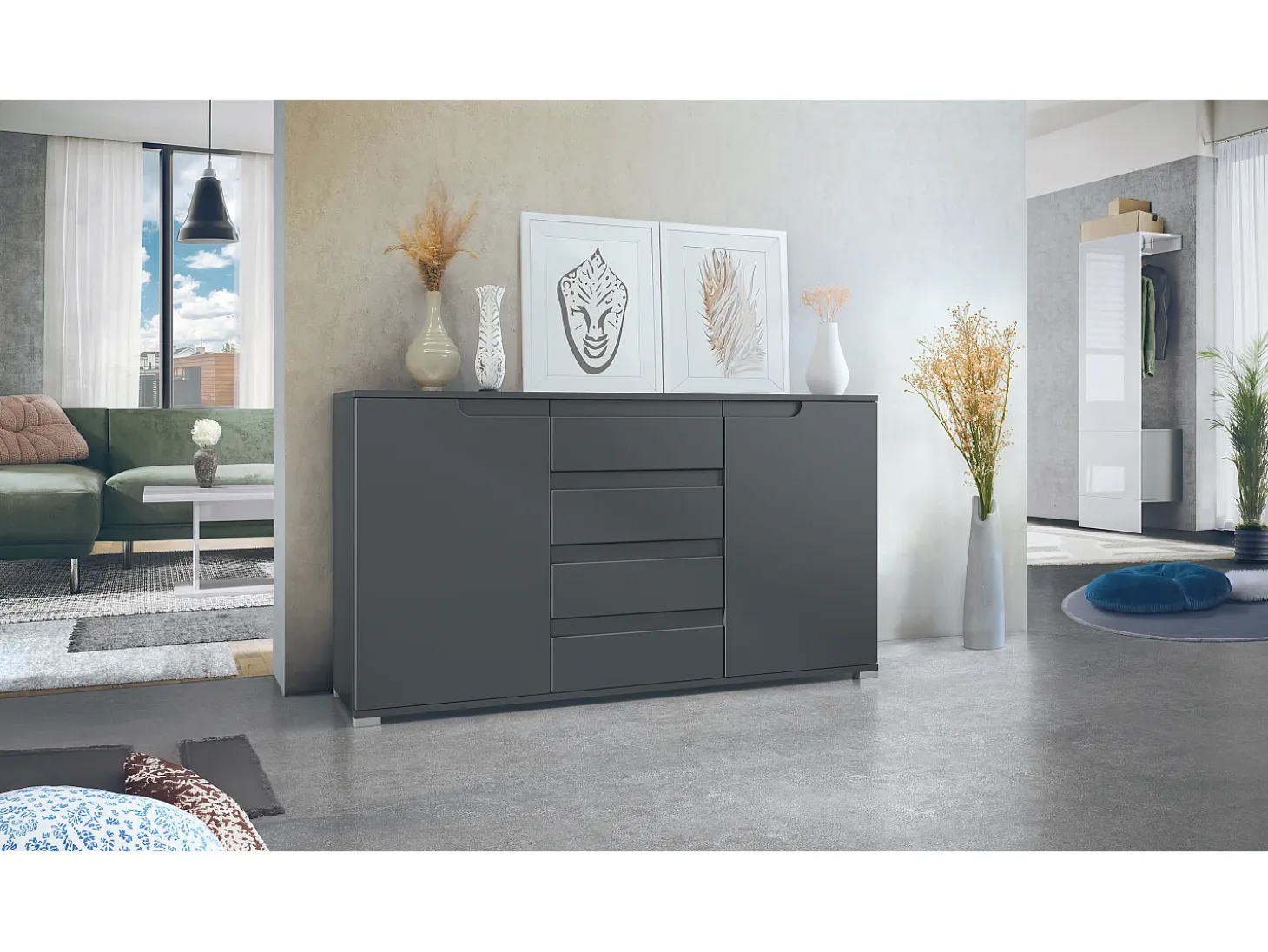 Aparador Cómoda Sylt , cuerpo en negro mate / Frente en antracita mate con molduras en antracita mate (139 x 72 x 35)