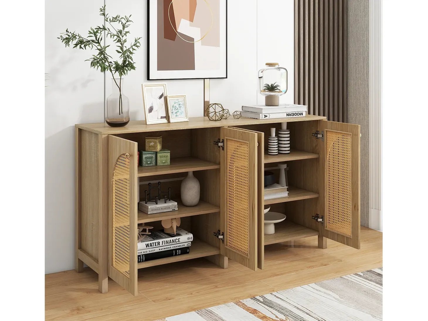 Aparador color madera con 4 puertas de ratán y estantes regulables, tiradores de metal, para salón y comedor