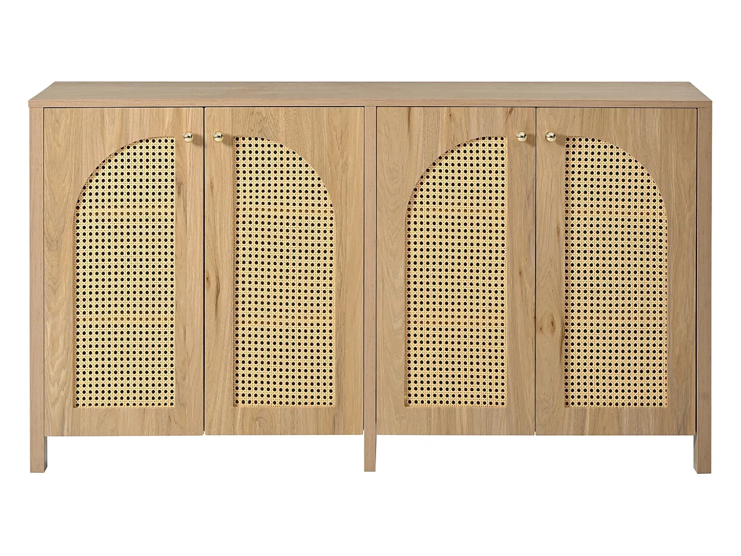 Aparador color madera con 4 puertas de ratán y estantes regulables, tiradores de metal, para salón y comedor