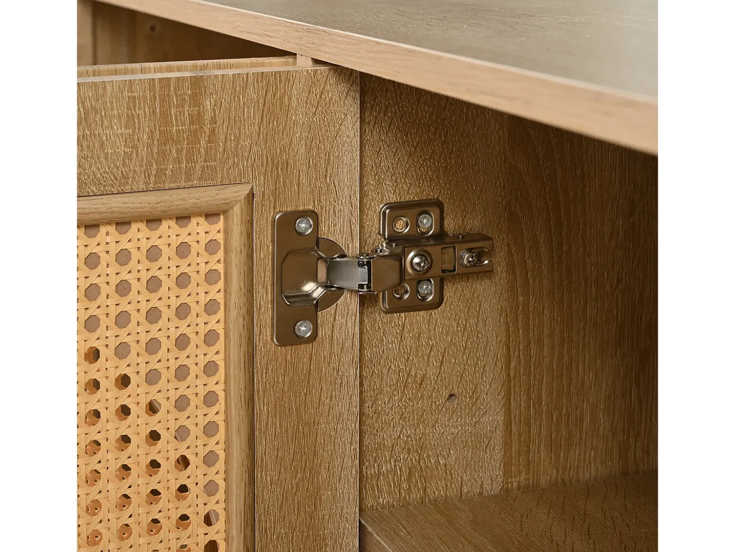 Aparador color madera con 4 puertas de ratán y estantes regulables, tiradores de metal, para salón y comedor