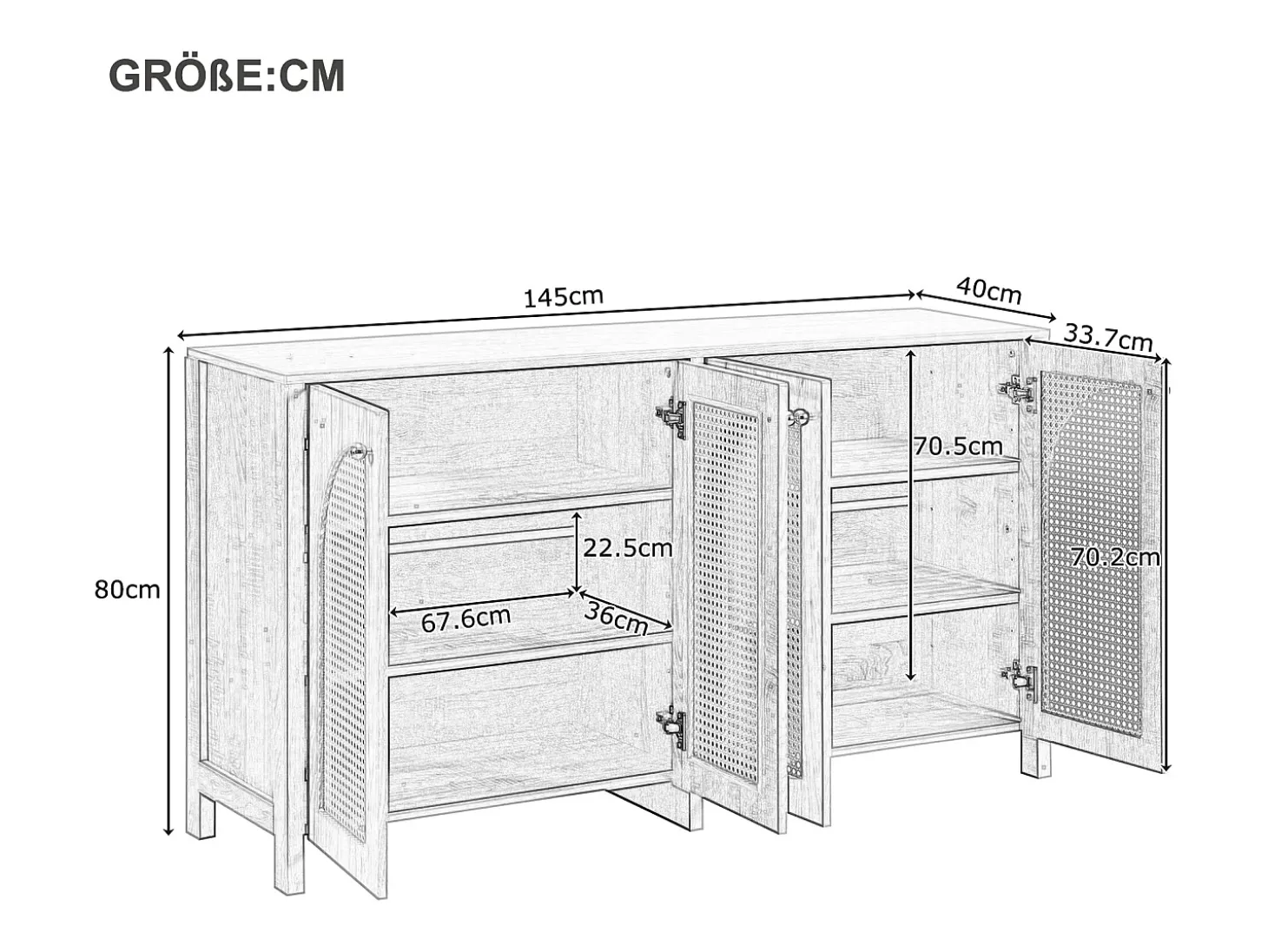 Aparador color madera con 4 puertas de ratán y estantes regulables, tiradores de metal, para salón y comedor