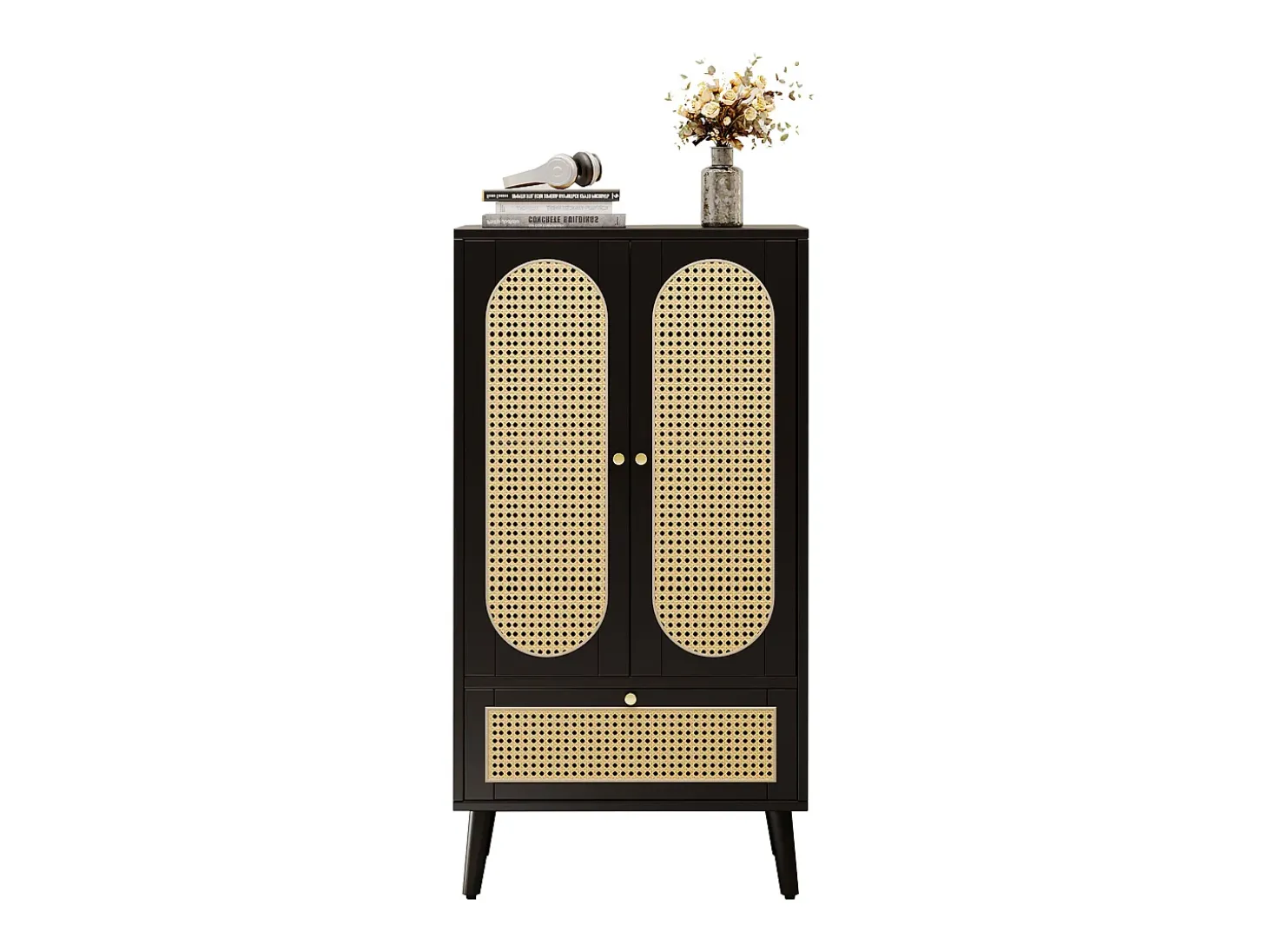 Aparador compacto, diseño ratán, negro, 2 puertas, 1 cajón, 60x40x110,5 cm