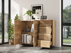 Aparador con 4 cajones + 2 puertas - 110 x 35,5 x 90,5 cm - para salón y cocina - aglomerado - natural + negro
