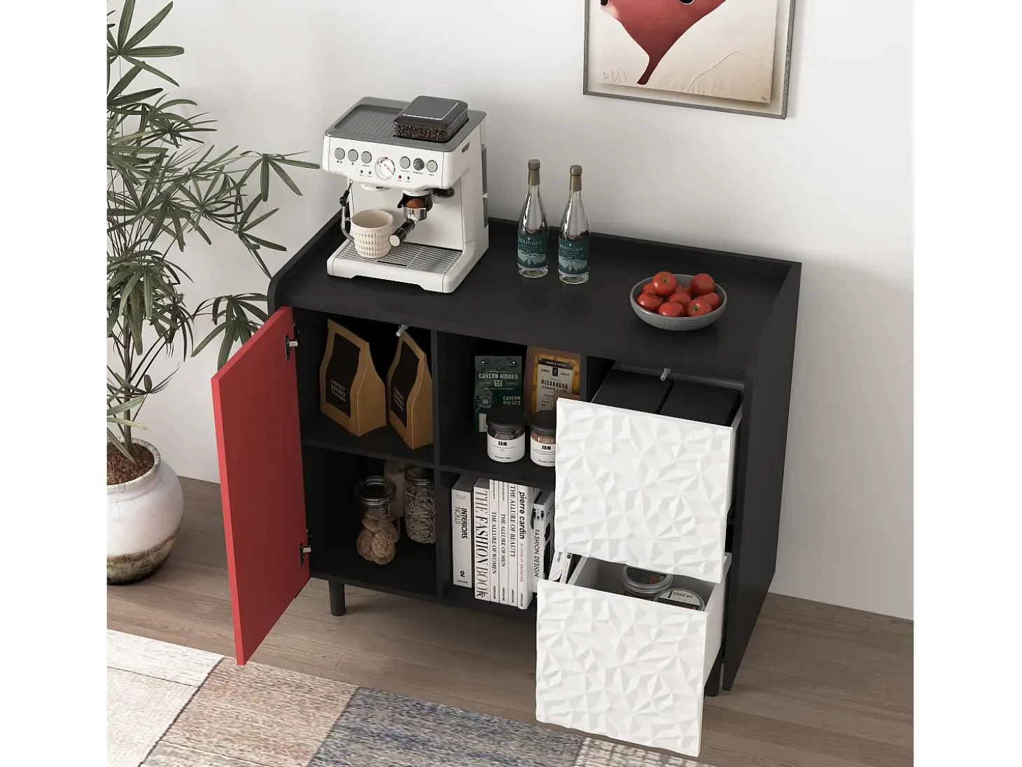Aparador con 2 cajones, 2 estantes abiertos y puertas rojas, moderno mueble de almacenaje en MDF negro y rojo (90x40x80 cm)