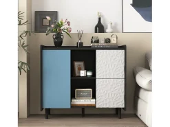 Aparador con 2 cajones, 2 estantes abiertos y puertas azules, moderno mueble de almacenaje en MDF negro y azul (90x40x80 cm)