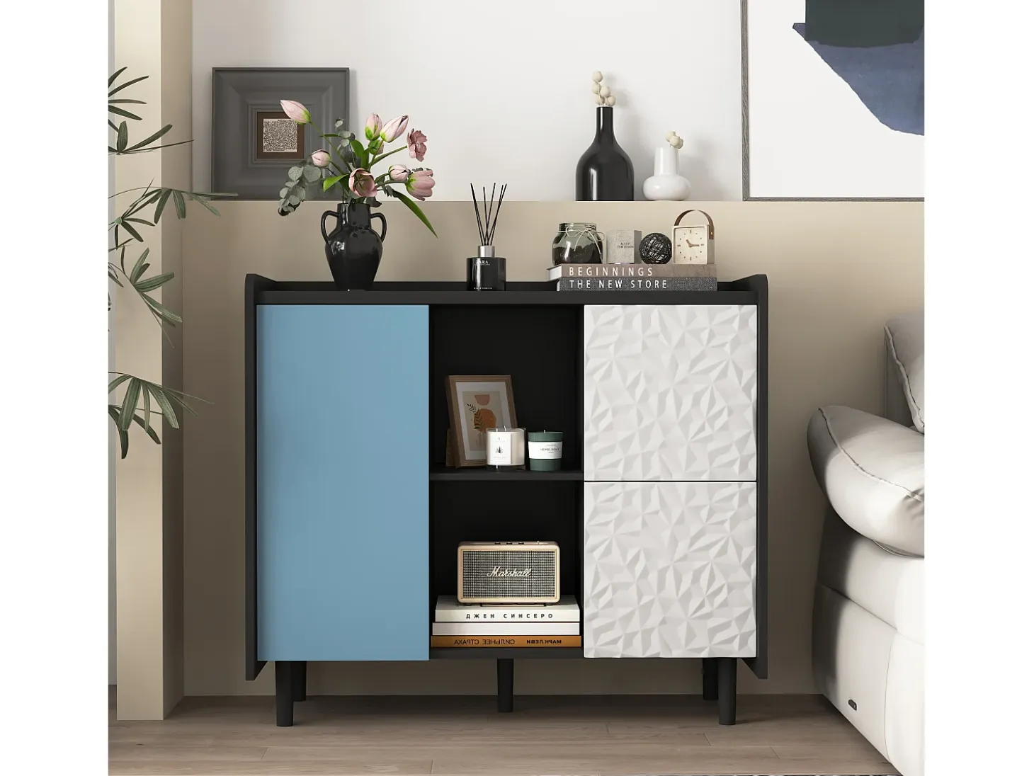 Aparador con 2 cajones, 2 estantes abiertos y puertas azules, moderno mueble de almacenaje en MDF negro y azul (90x40x80 cm)